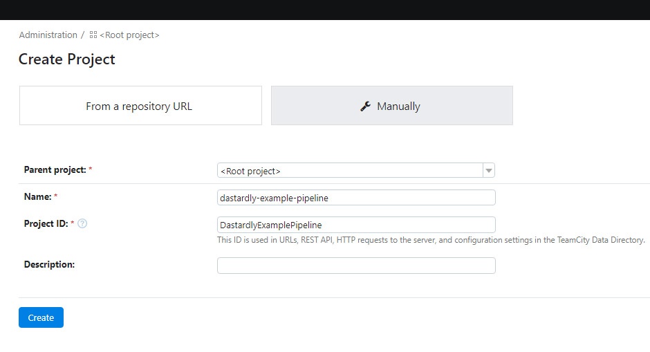 Creating a new TeamCity project.