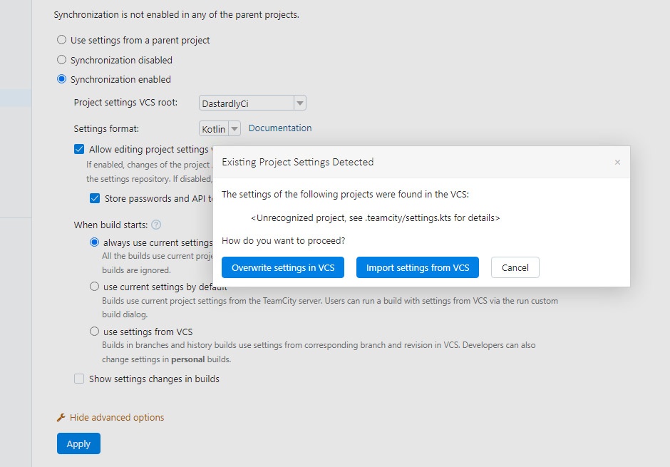 Importing settings from VCS in TeamCity.