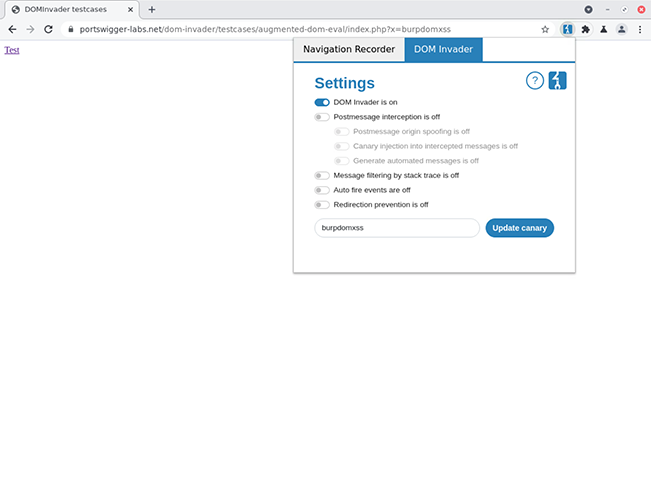 Burp's embedded browser with DOM Invader