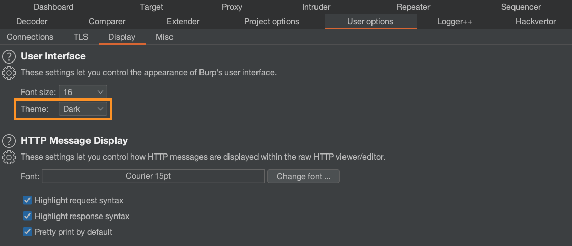 Enabling dark mode in Burp Suite