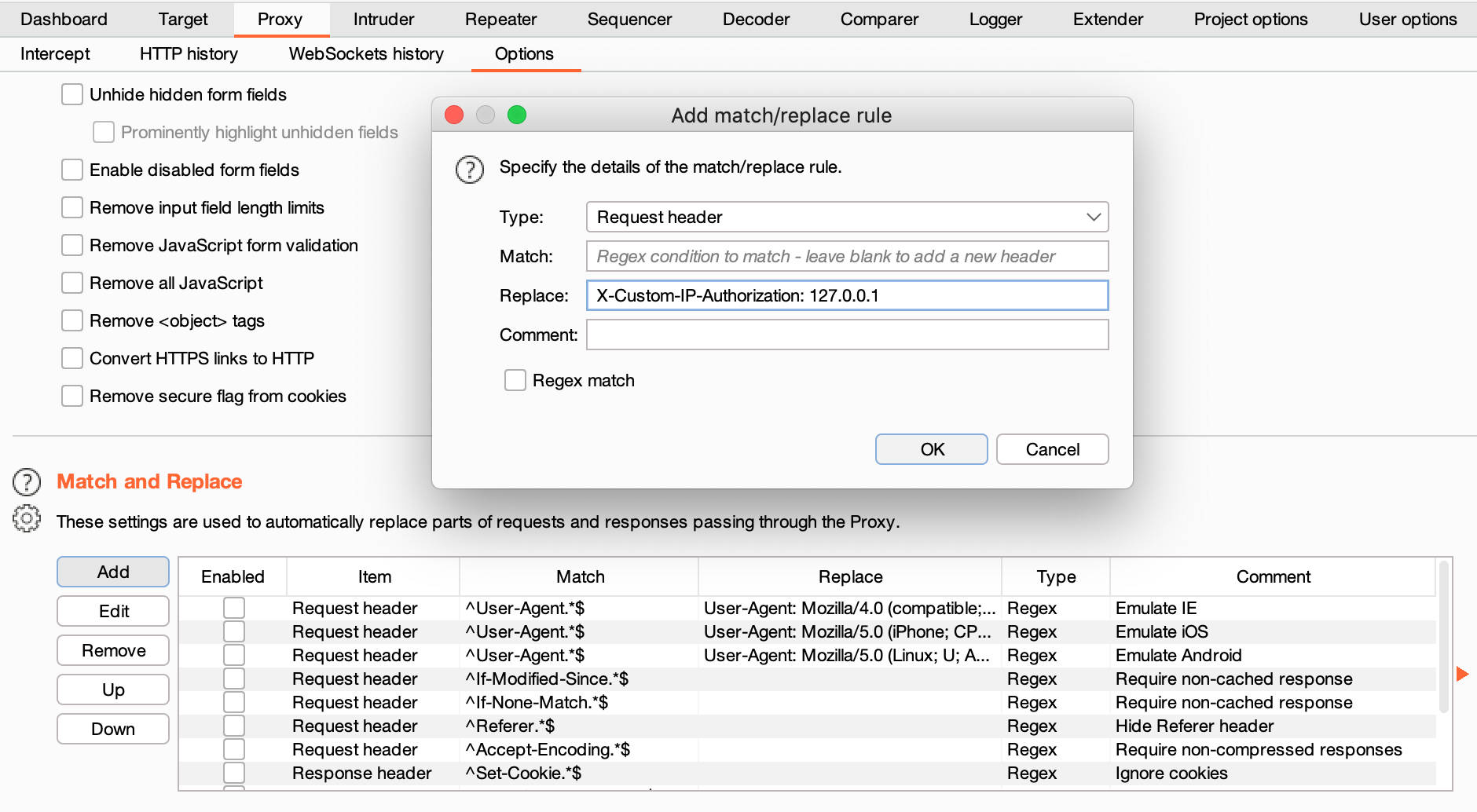 Adding a custom match and replace rule in Burp Proxy to spoof your IP address