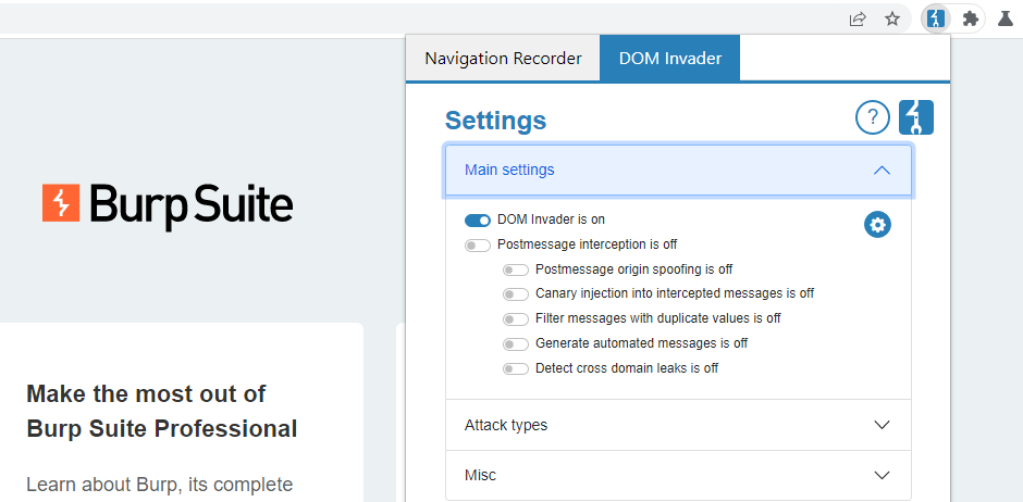 Accessing the DOM Invader settings menu