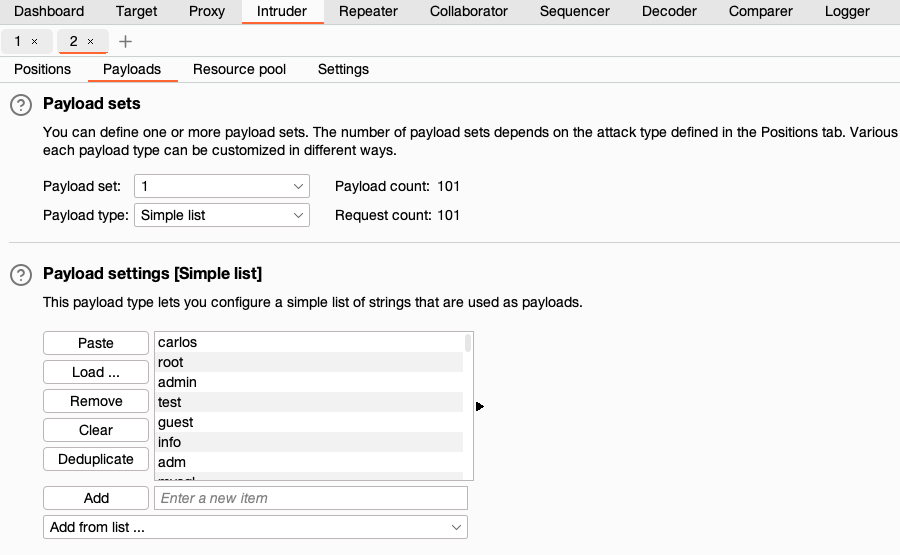 The payload sets loaded with usernames