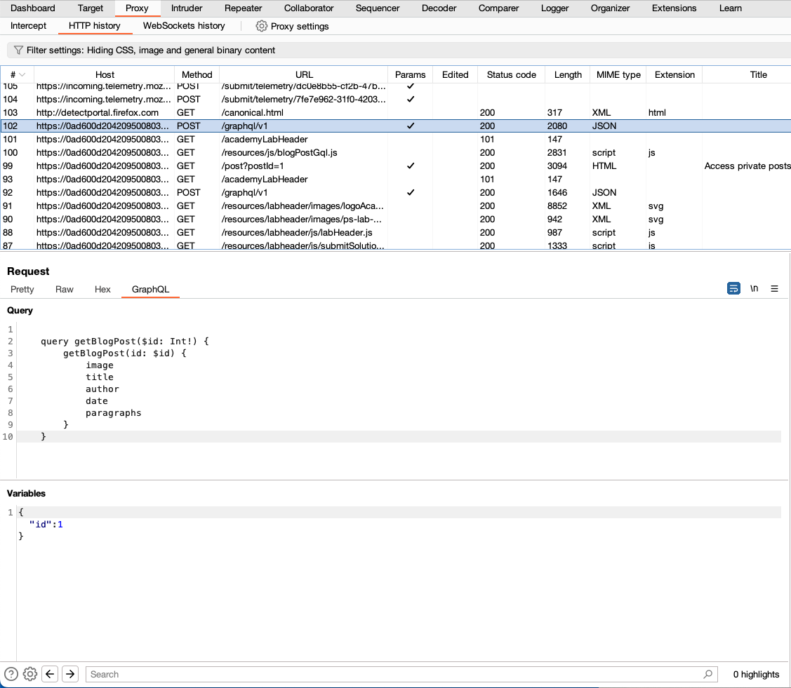 The GraphQL tab appears when Burp detects a GraphQL request. This tab separates the GraphQL request into two separate panels: query and variables.