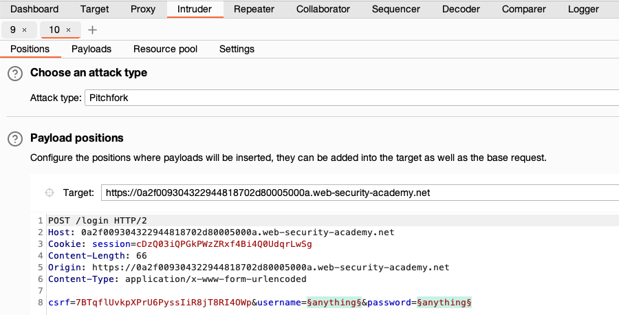 Setting payload positions for a credential stuffing attack