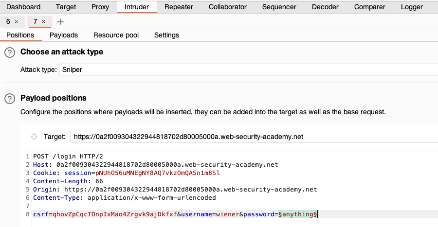 Configuring payload positions for brute-forcing a password