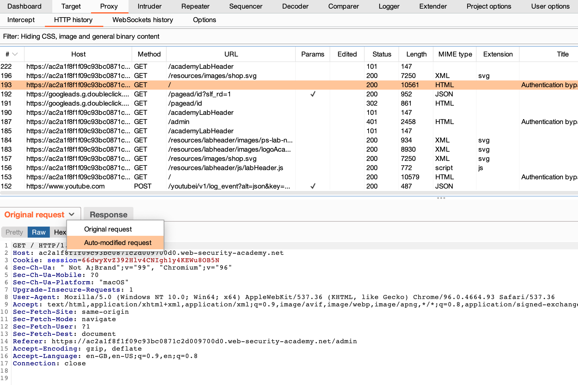 Viewing the automatically modified request in the HTTP history tab
